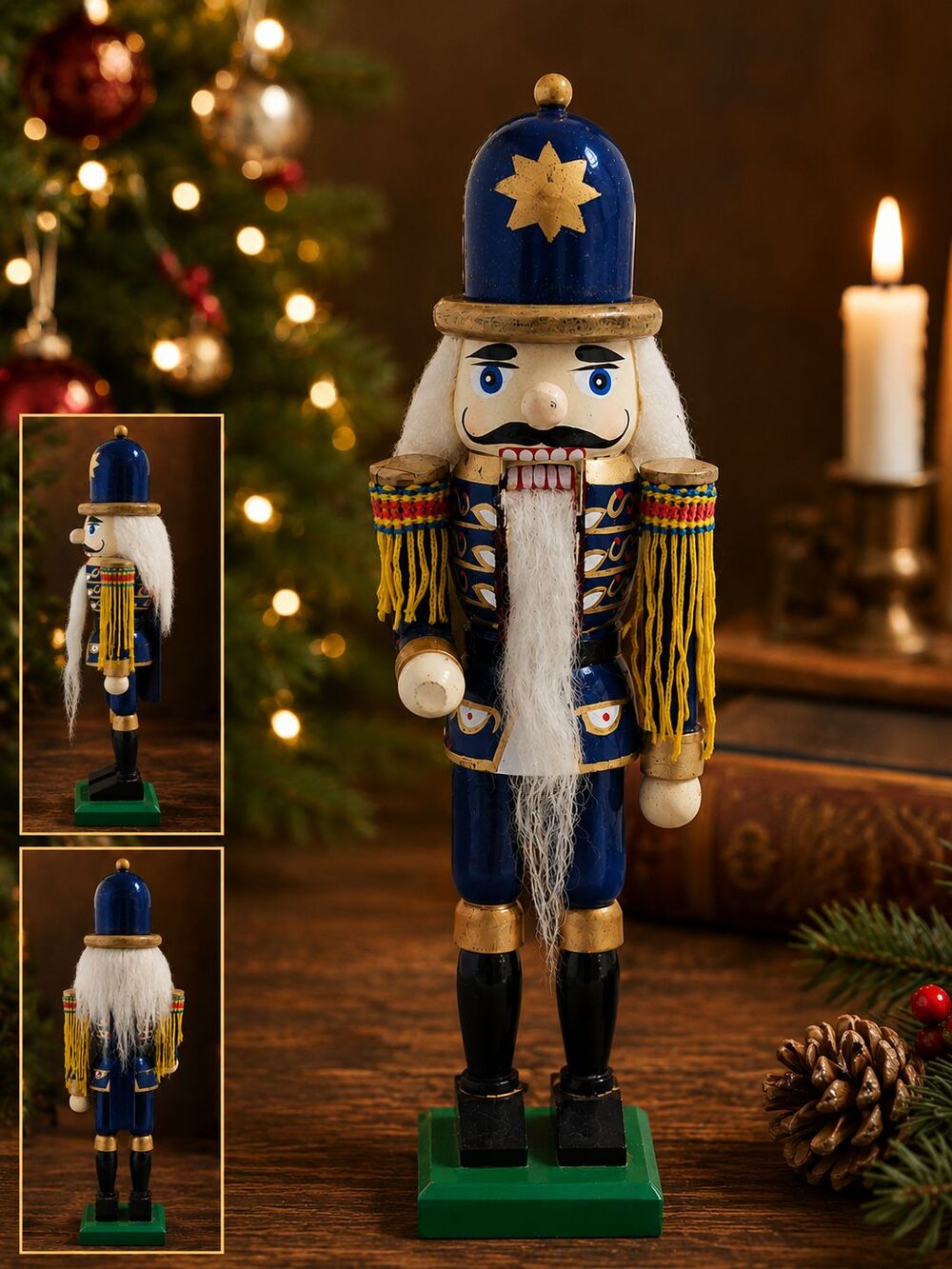 Vintage 10" Wooden Nutcracker Soldier Blue Gold Military Christmas Decor